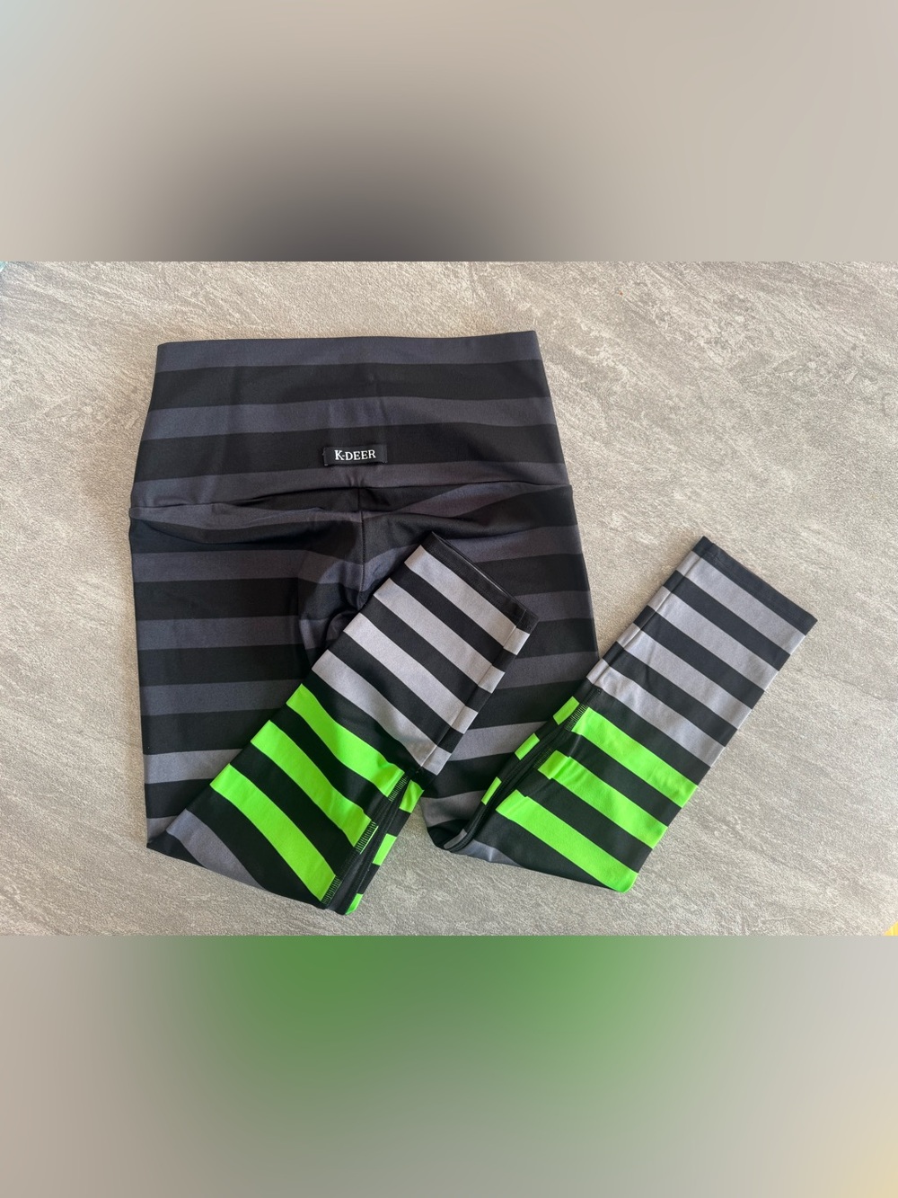 K-DEER Black, Gray & Neon Green Striped Leggings